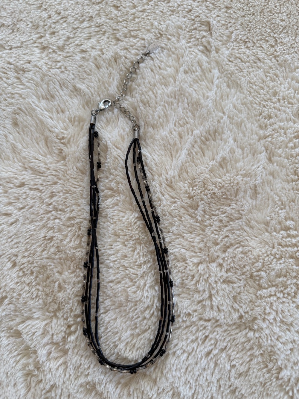 Laura Ashley Black Clear Multi Strand Beaded Necklace Adjustable Silver Tone